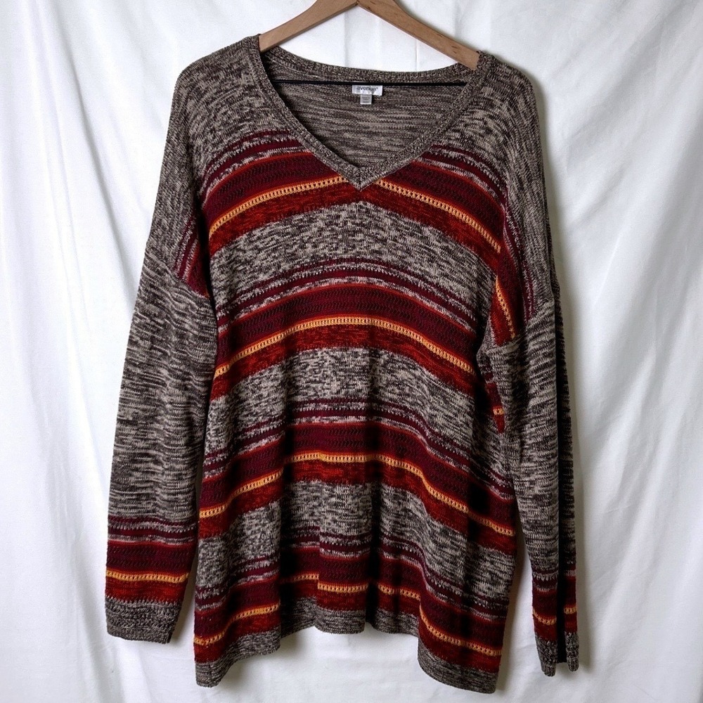 Avenue Women V-Neck Knit Pullover Sweater Brown Burgundy Striped Size 22/24 Boho